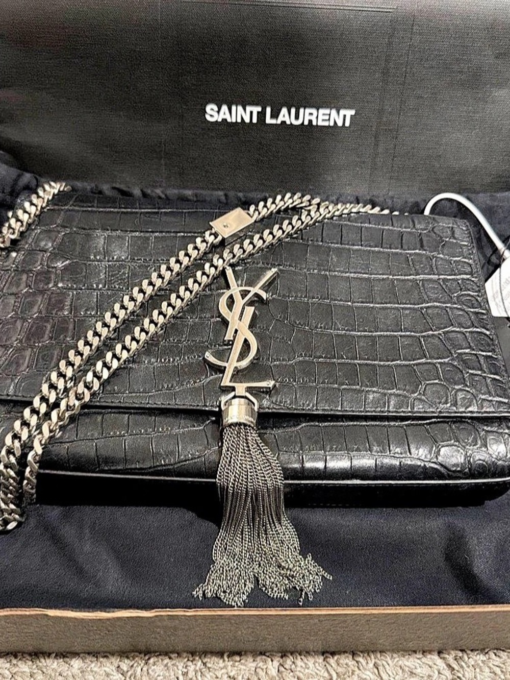 Saint Laurent Kate Medium Chain Bag in Crocodile-Embossed Leather Black